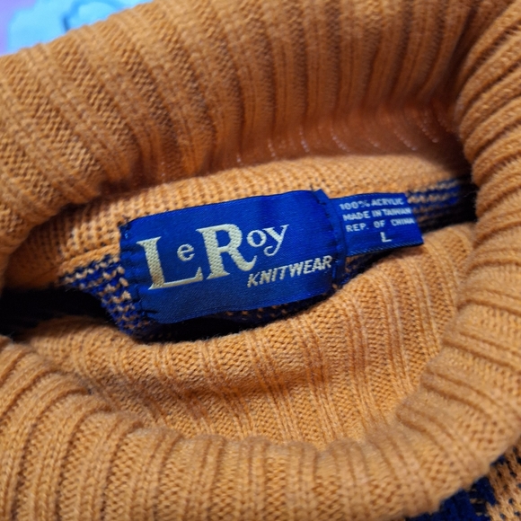 VTG LeRoy Knitwear Abstract Modernist 70s Sweater Sz L Orange & Blue - Picture 2 of 6